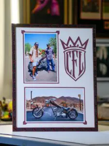 Custom photo frame featuring CFL logo and motorcycle photos