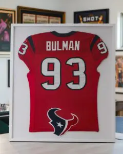 Houston Texans 93 Tim Bulman red jersey framed with team logo