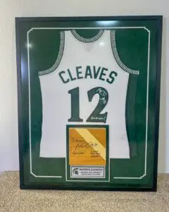 Framed Mateen Cleaves signed Michigan State basketball jersey with personalized message and plaque.