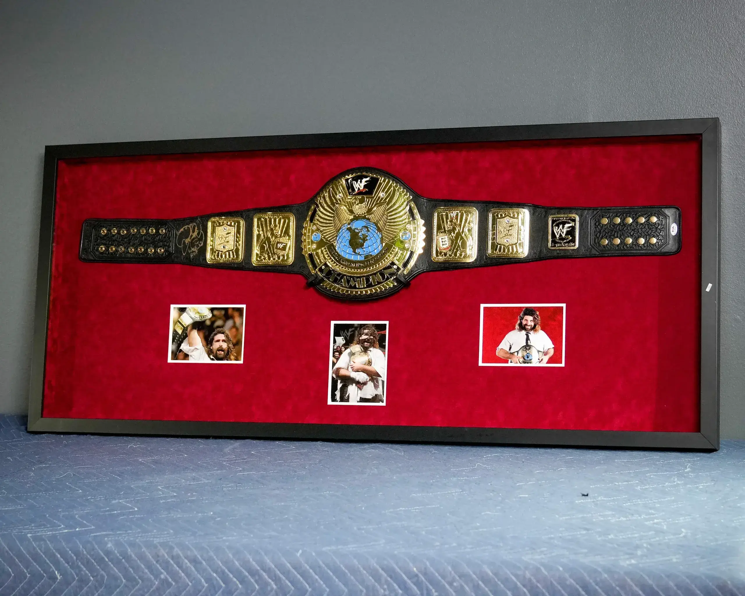 A framed boxing belt with pictures of the ring.