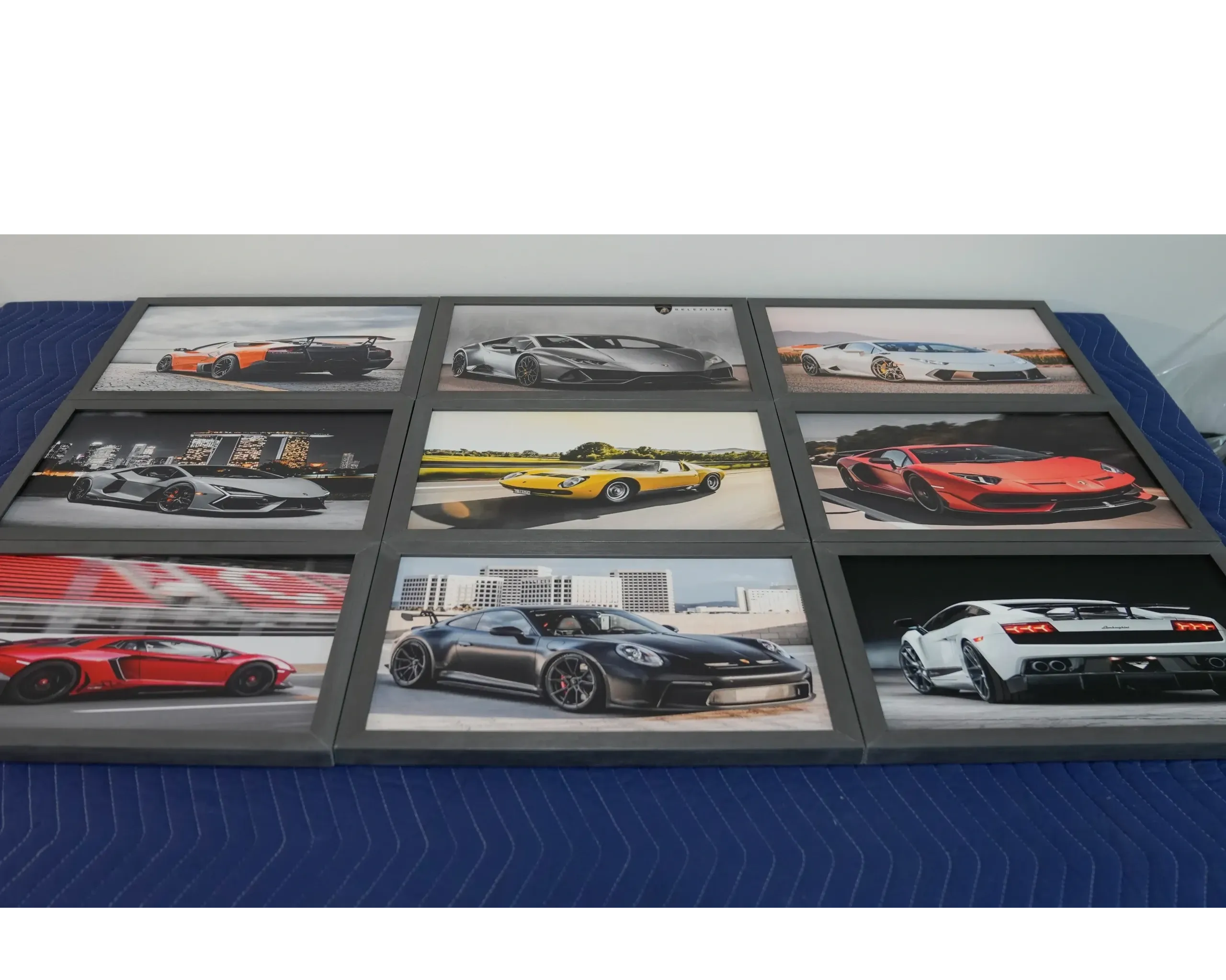 A group of nine pictures with different cars on them.