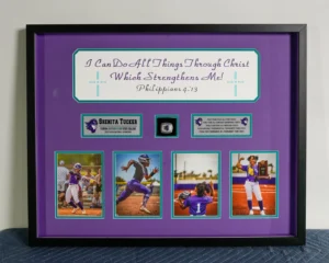 Framed purple achievement collage showcasing awards and photos