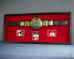 Shadow box frame displaying championship belt